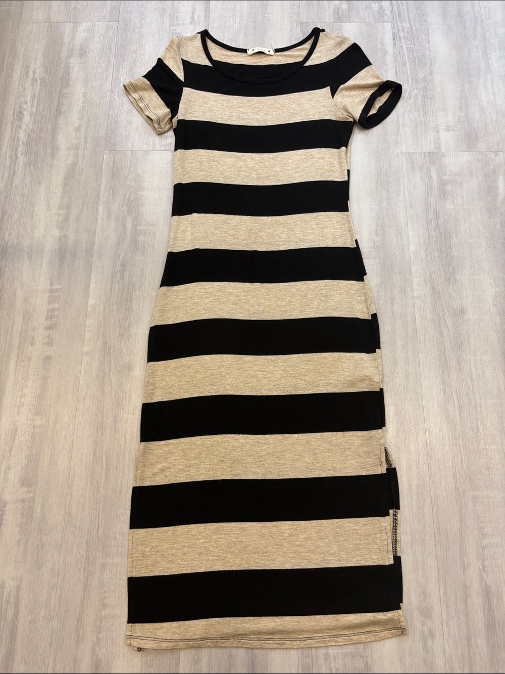 Striped Black and Cream Maxi Dress with Short Sleeves